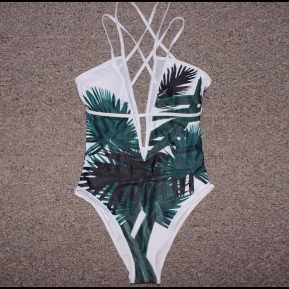 Palm Leaf Print Plunge Monokini - Picture 5 of 6